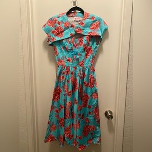 Pinup Couture Turquoise Dress with Coral Rose Print